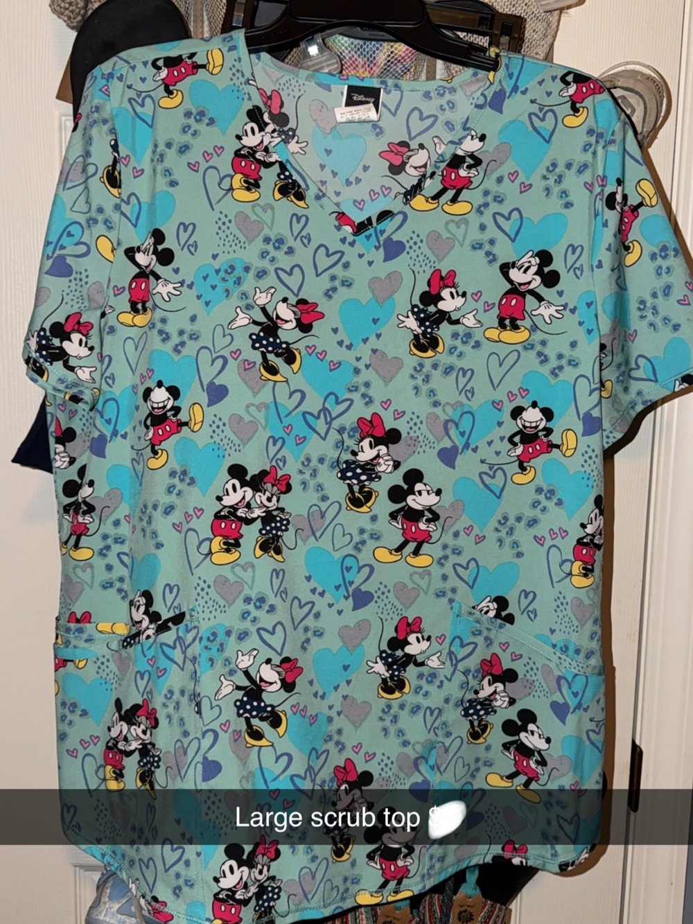 Disney Aqua Mickey & Minnie Heart Print Scrub Top